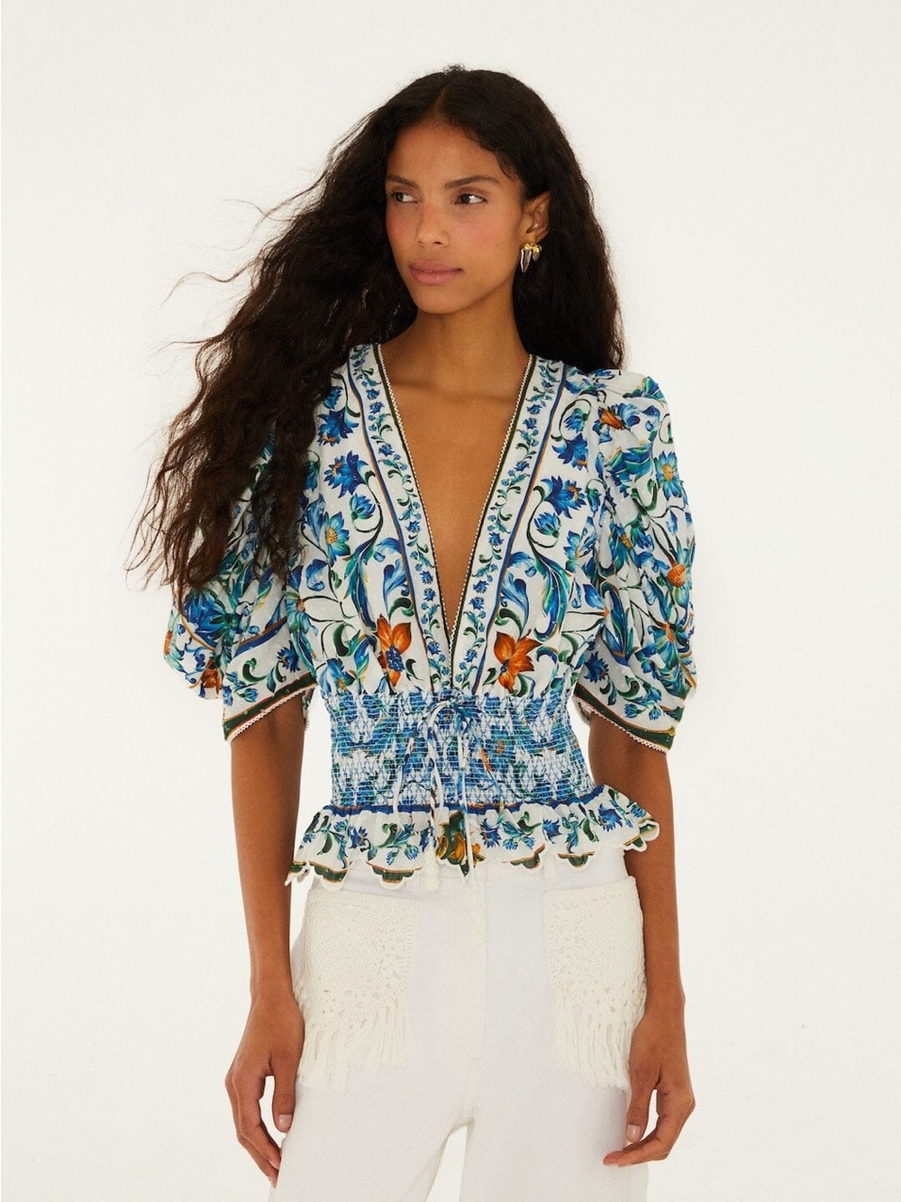 FARM RIO Off-White Flora Tile Smocked Blouse - Picture 1 of 4